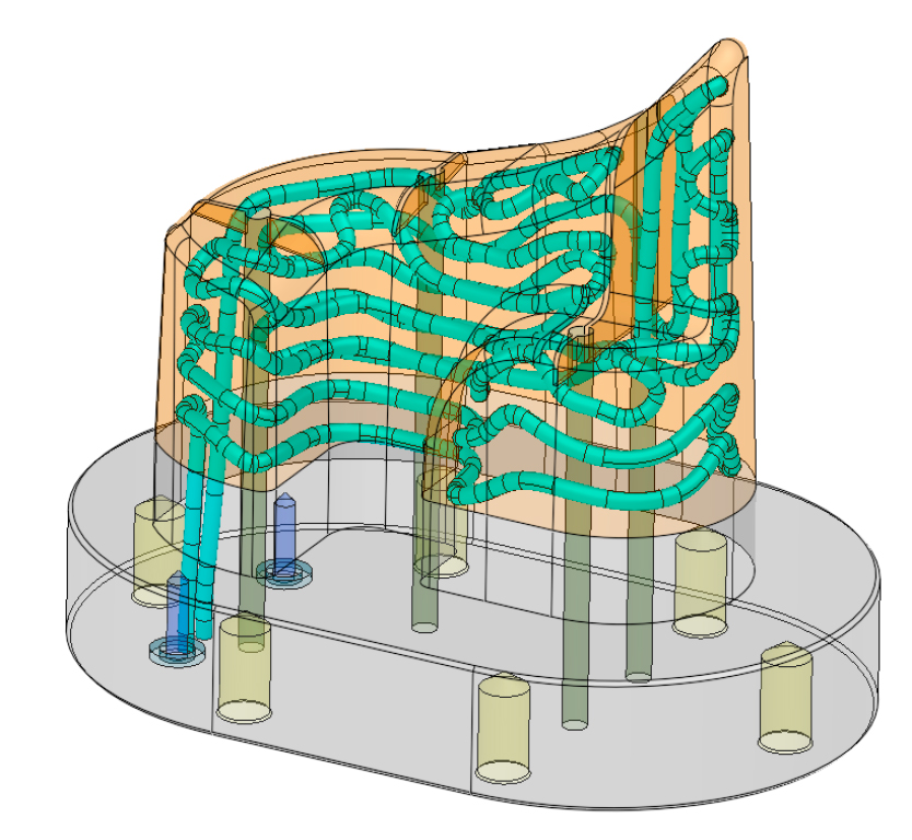 Representação da aplicação de refrigeração tradicional e conformal permitindo ao projeto eficiência que foi damaticamente aprimorada no software Cimatron 15